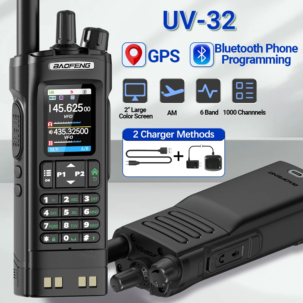 UV-32 GPS Walkie Talkie 10W Long Range Multi Band Bluetooth APP Programming Wireless Copy Frequency Type-C Two Way Radio
