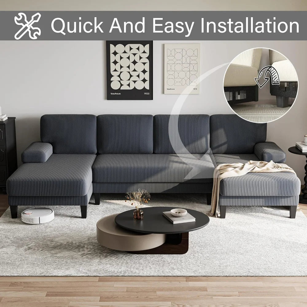 112'' Corduroy U Shaped Couch with Sleeper Lounge Chaise, 4 Seat Modern Comfy Sectional Sofa Couches for Living Room