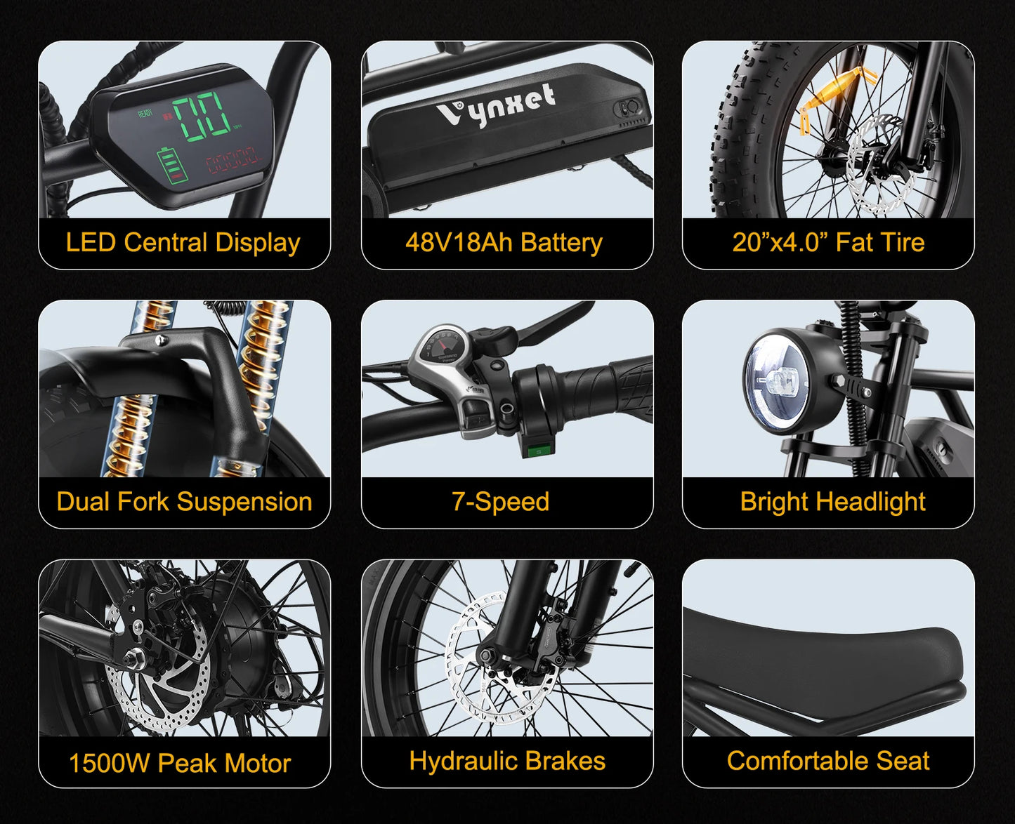 20 Inch Adult Electric Bicycle 1500W Motor 48V 18AH Removable Battery IP54 Waterproof 7-Speed Gear with LED Display