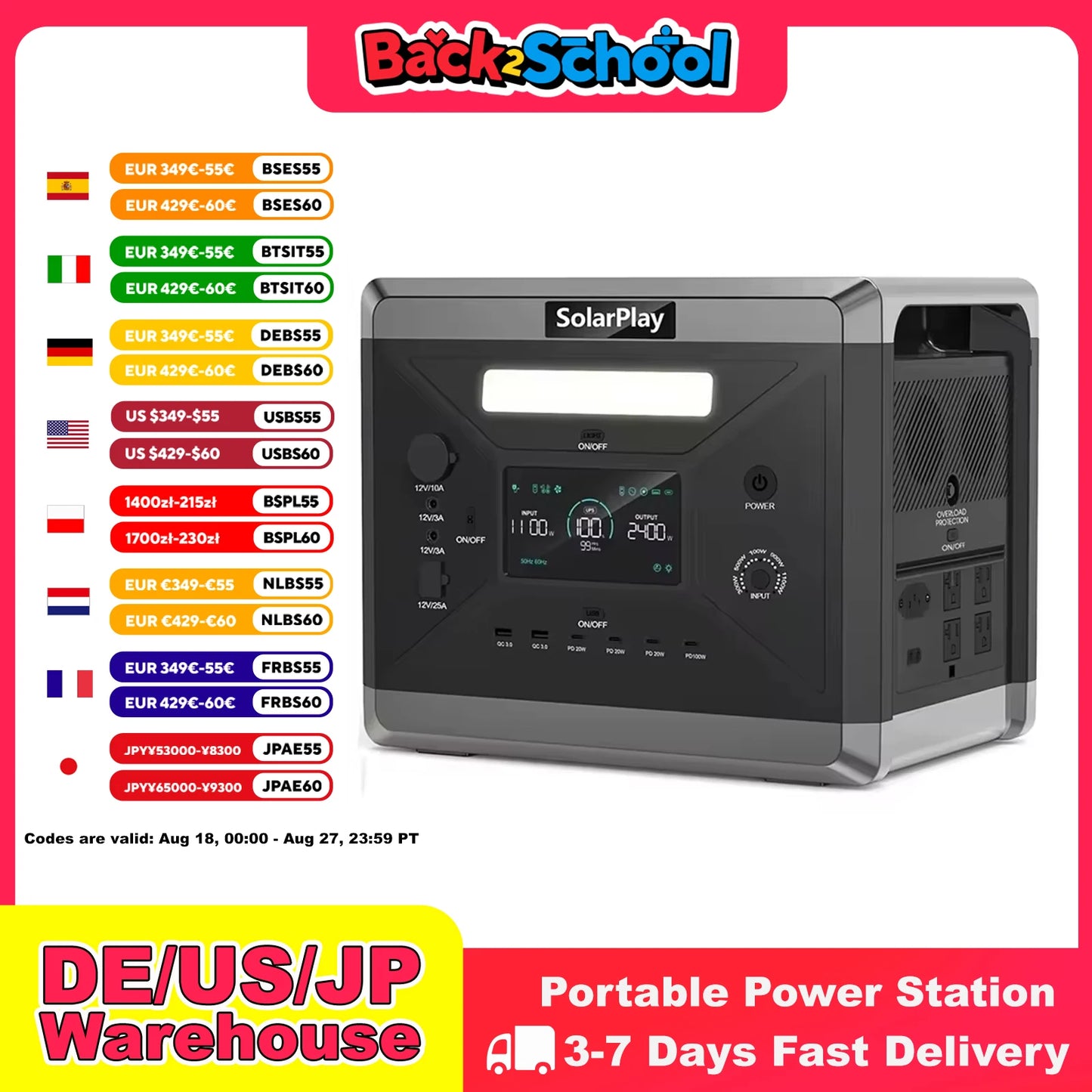 SOLARPLAY Q2501 Portable Power Station 2160WH LiFePO4 Battery with 2400W (4800W Peak) AC Output Solar Generator for Garden Party