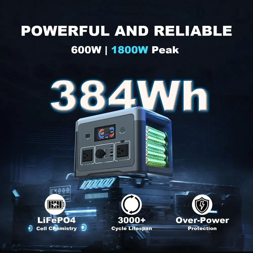 Compact 384Wh Battery Backup Power Station with 600W Output and 10 Outlets for Emergency, Outdoor, and Home Use