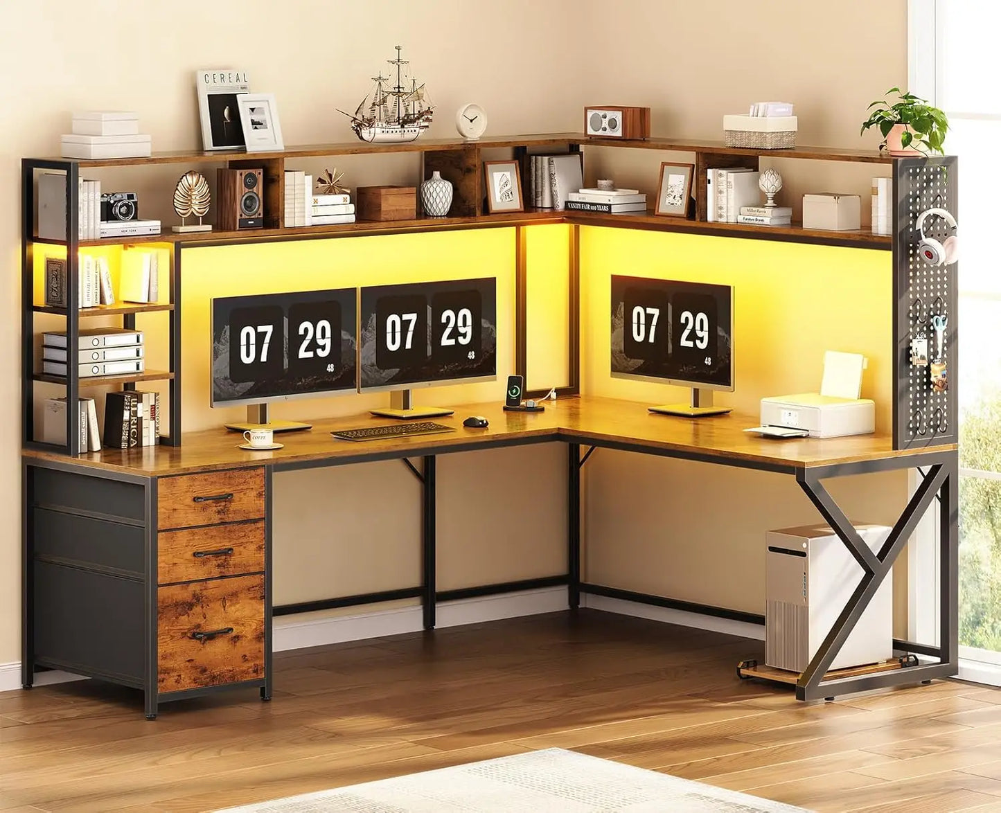 L Shaped Gaming Desk with Storage Shelves and Hutch, Convertible 94.5" Computer Desk with Drawers, Corner Computer, Customized
