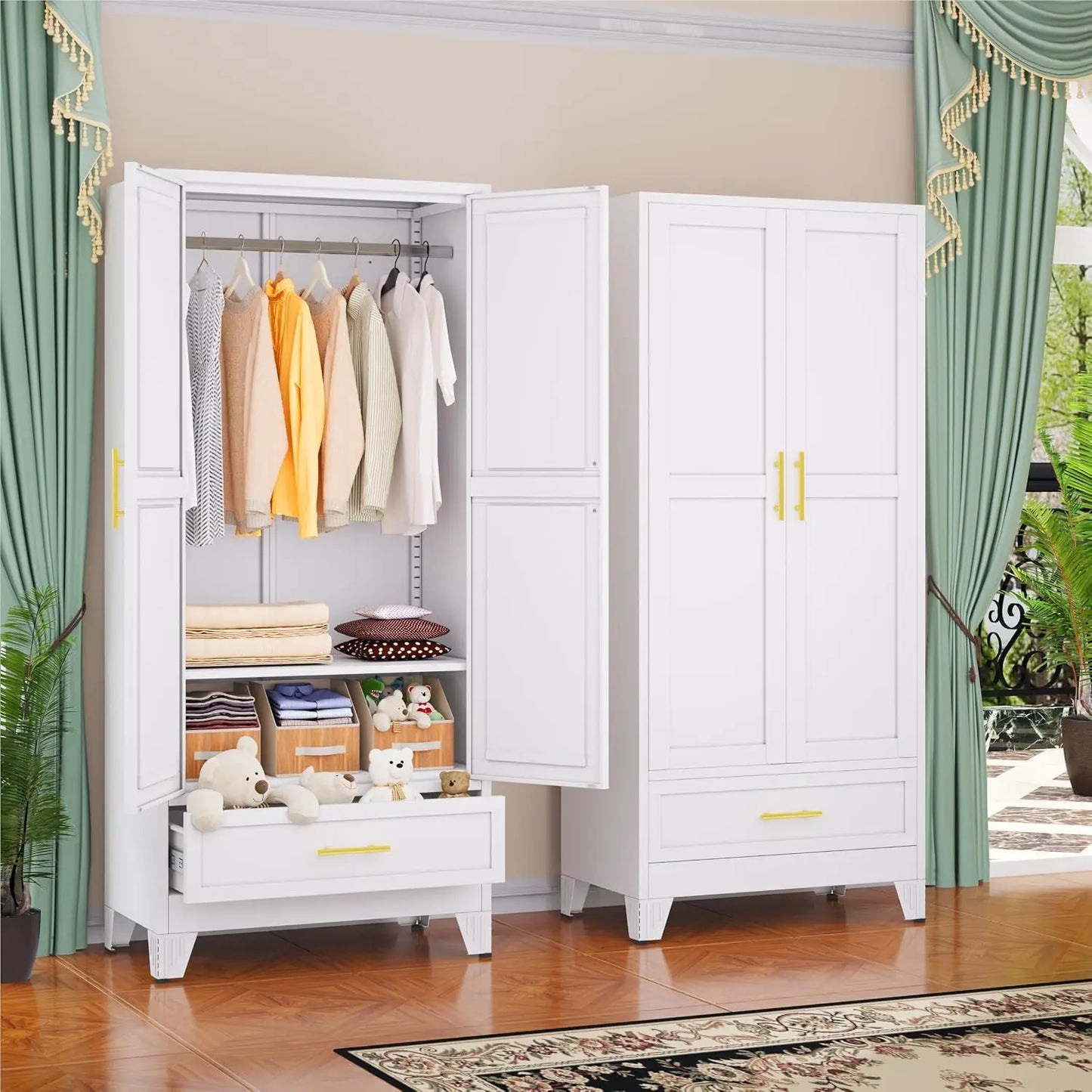 Metal Armoire Wardrobe Closet Cabinet With Drawer And Hanging Rod, Tall Storage Cabinet With Double Doors And Adjustable Shelf, Clothing Storage Organizer Locker For Bedroom Gym, 1 Piece