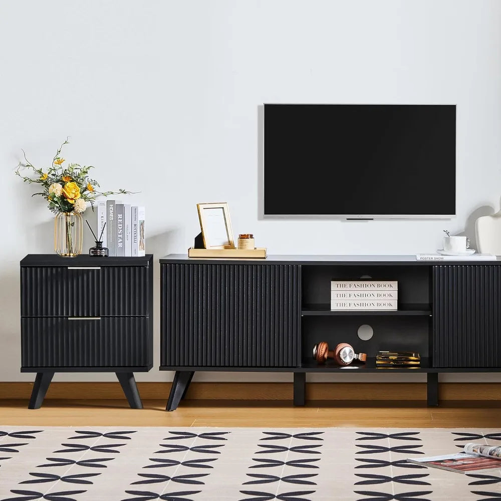 Fluted Nightstand, Mid Century Modern 2 Drawer Bedside Table for Bedroom, Small Dresser Night Stand Side Table End Tables with W