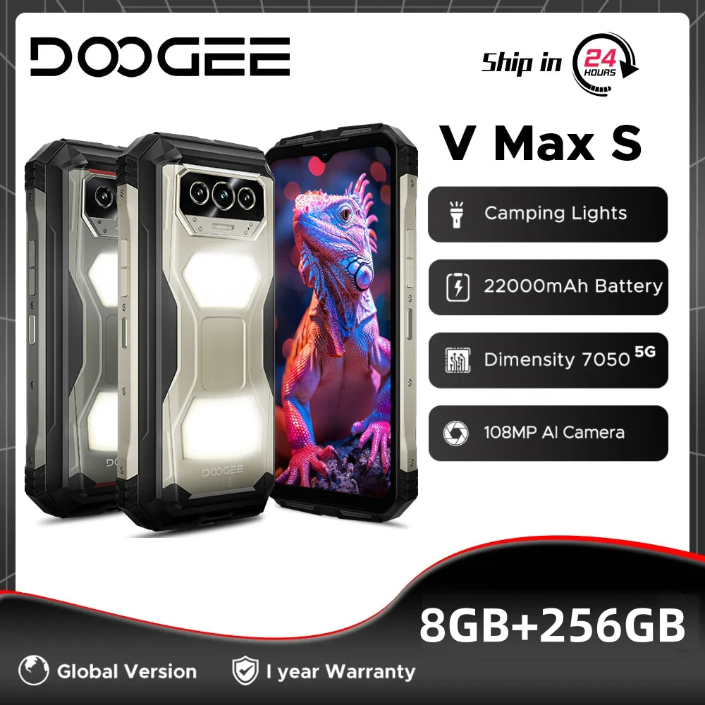Global Version DOOGEE V Max S 5G Rugged Phone 24GB(8+16) 256GB 6.58" 120Hz 22000mAh Battery 108MP Camera Dual Camping Lights