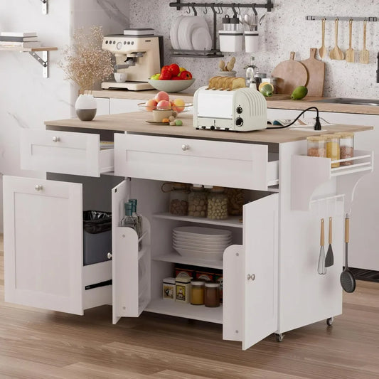 Kitchen Island On Wheels With Storage, Rolling Kitchen Islands With Drop Leaf&Power Outlet, Mobile Kitchen Island Cart With Tras
