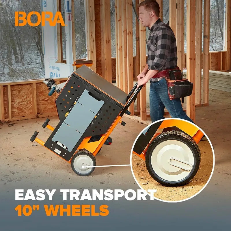 Portamate - PM-8000 Miter Saw Stand Work Station | Mobile Rolling Table Top Workbench Orange Grey with Folding Wing Extensions