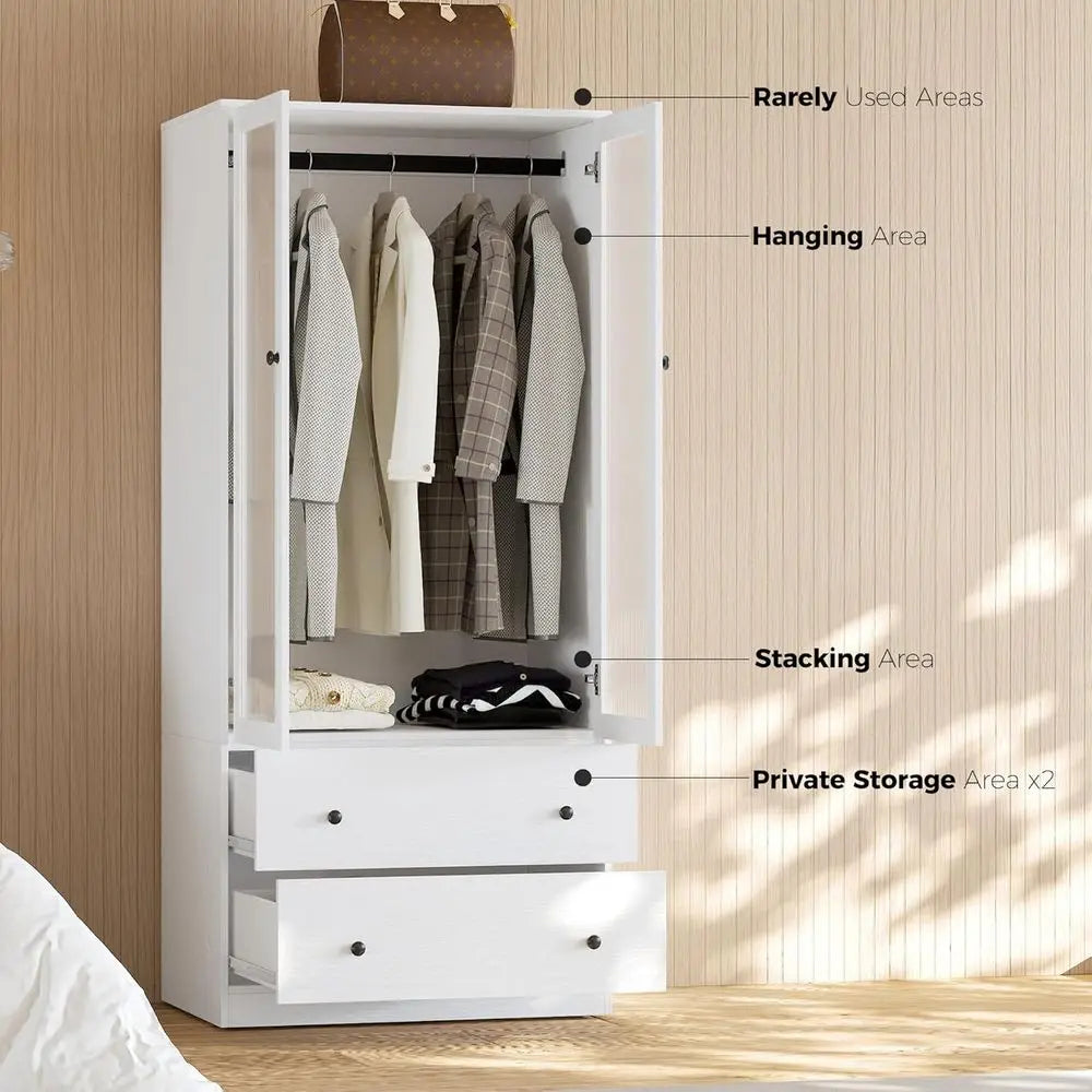 20-Drawer Glass-Door Wardrobe, 71 High Hanging Storage Cabinet with Soft-Close, Large Capacity White Closet