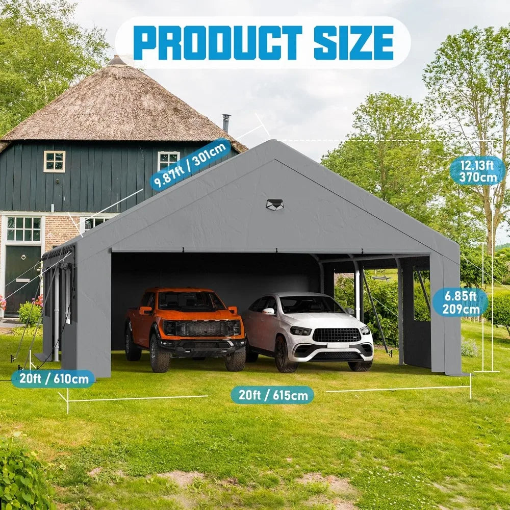20x20 Carport Canopy, Heavy Duty Car Ports with Sidewalls, Portable Garage Carports with Roll Up Zipper End & Side Doors