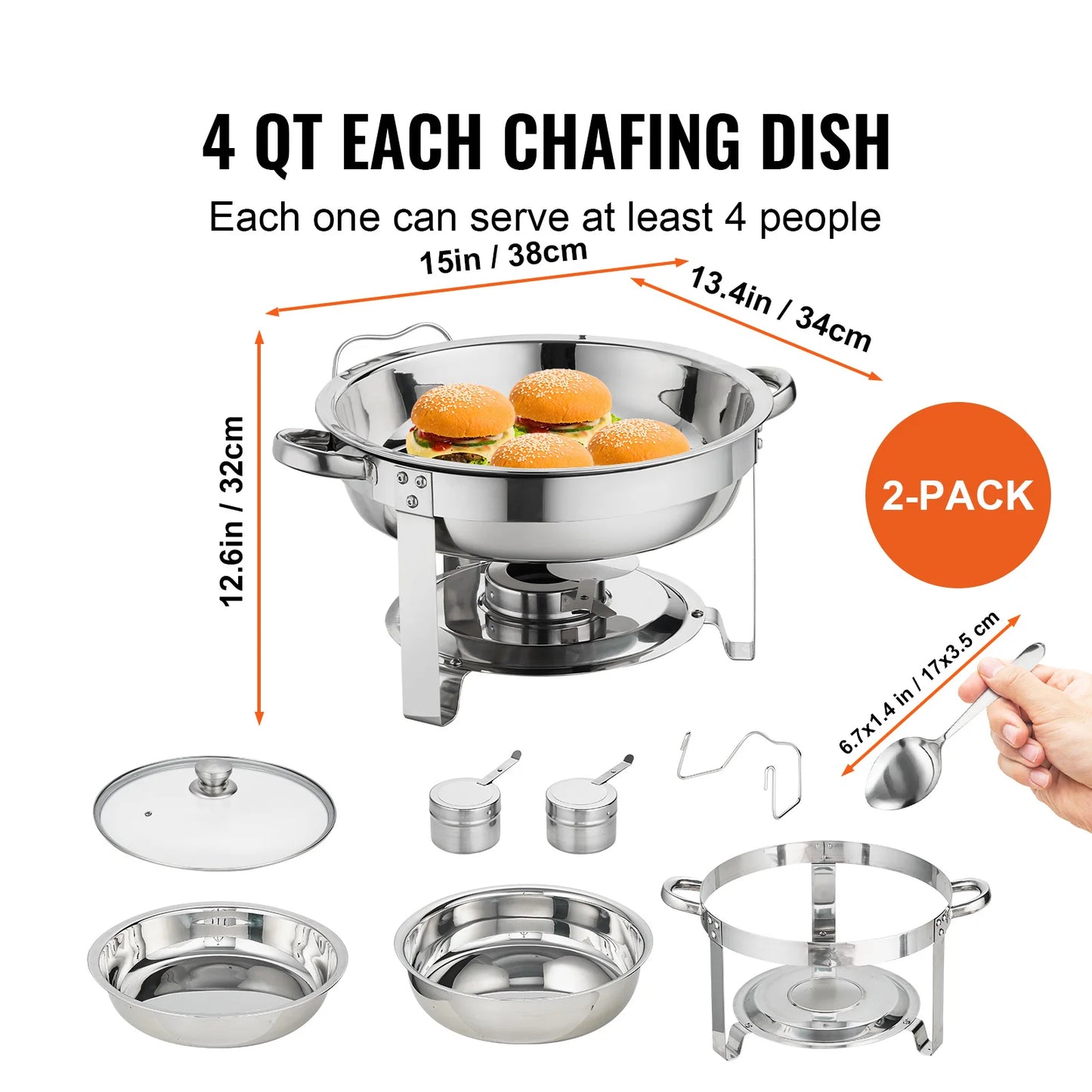 SucceBuy 4QT 2-Pack Round Chafing Dish Set Stainless Steel Buffet Chafer w/Full Size Pan Glass Lid  Fuel Holder Catering Warmer