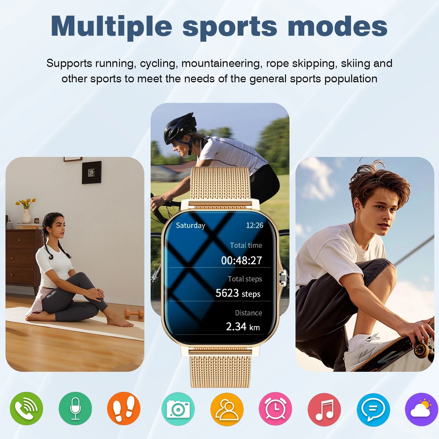 Sports smart watch, fitness activity detector, Bluetooth calling, message reminder view, unisex, suitable for Android and iPhone