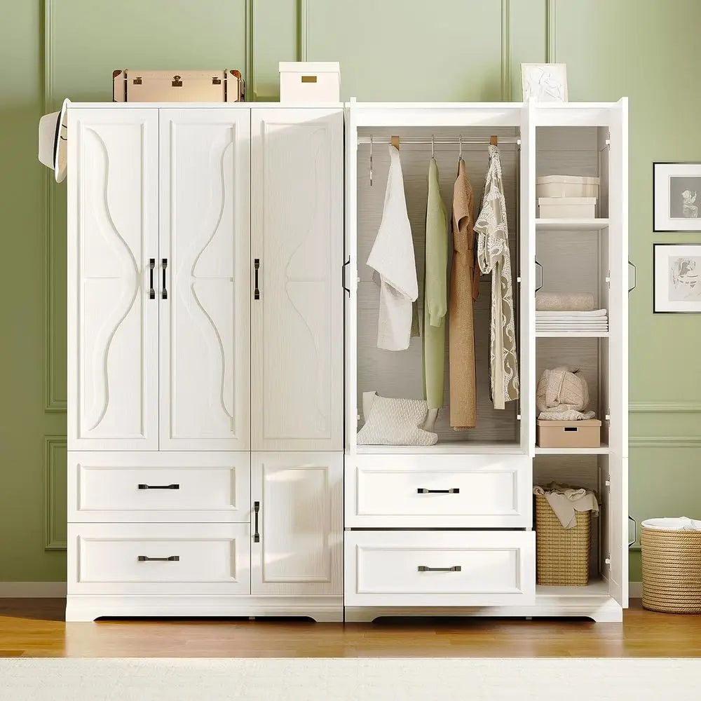 Armoire Wardrobe Closet with 4 Doand Ders, White | Wardrobe Cabinet with Storage Shelves and Side Hooks, Clothing Storage Cabine