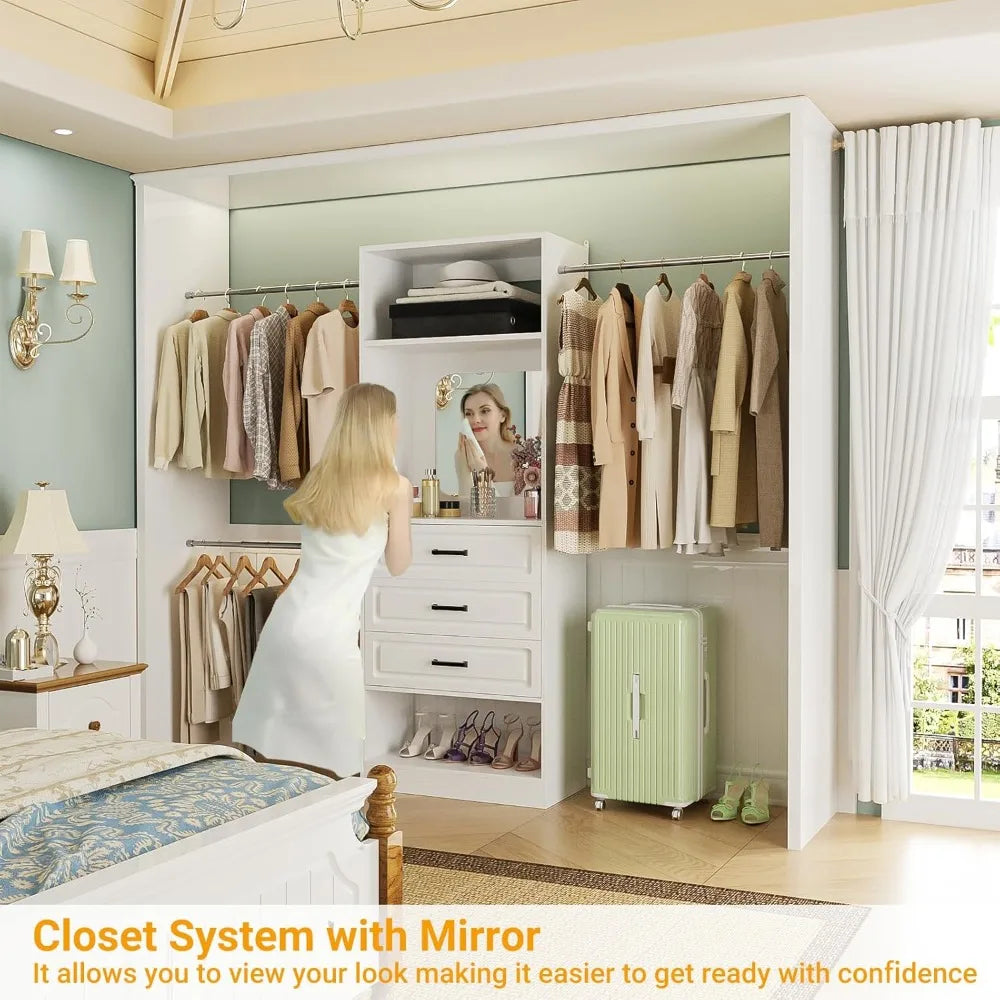 48" W - 96” W Closet System with Mirror, 8FT Walk in Closet Organizer Kits with Drawers and 3 Extendable Hanging Rod,
