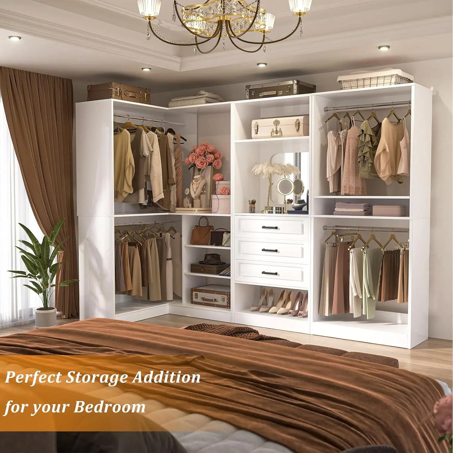 86in Corner Closet Organizer Wood with Drawers Mirror Rods Shelves Walk-in, Customized