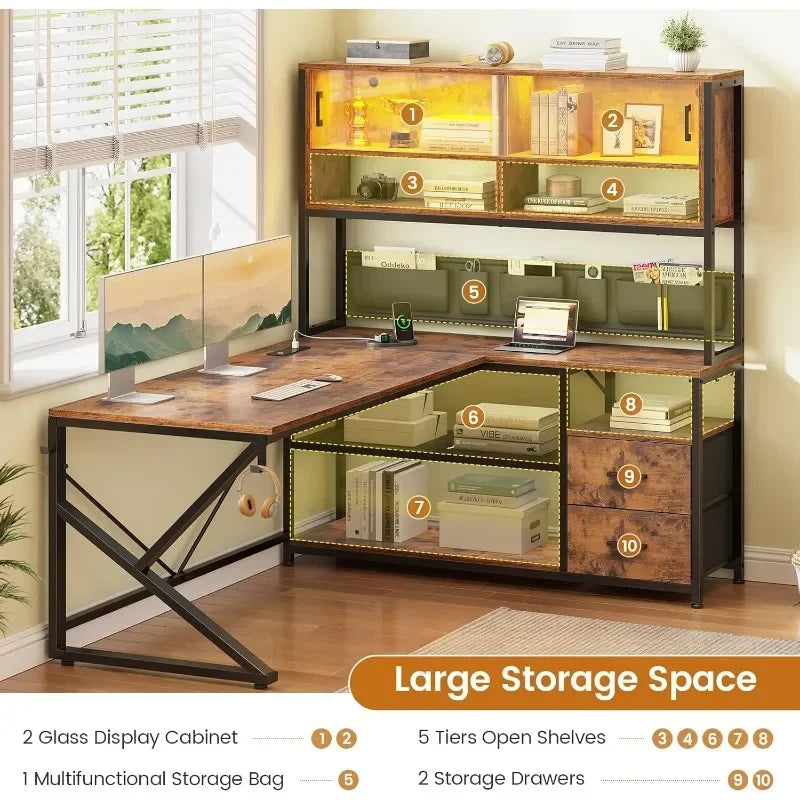 home.L Shaped Gaming Desk with LED Light new.L Shaped Computer Desk, Home Office Desk with 2 Drawer and Bookshelf,.new