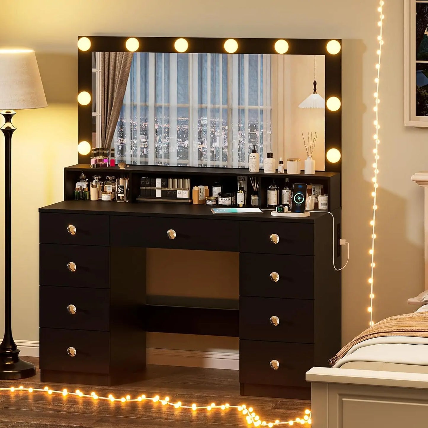 Vanity Desk with Large Mirror, Lights & Power Outlet, Black Makeup Vanity with 9 Drawers & Shelf Storage, Customized