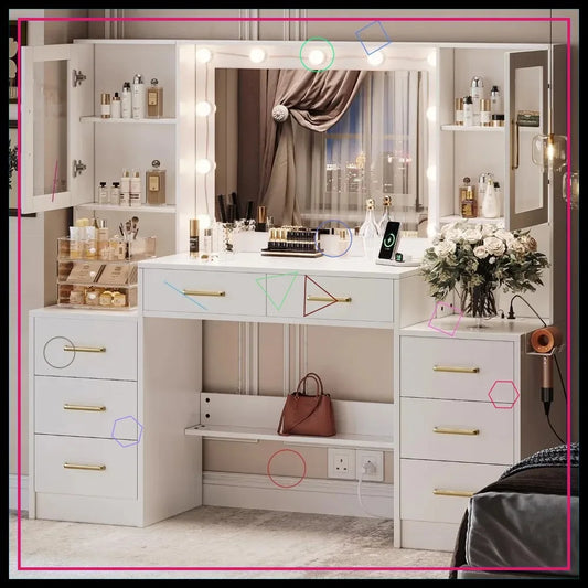 58.3" Vanity Desk with Mirror, Charging Station, 8 Drawers & 2 Cabinets - Large Makeup Dressing Table for Bedroom