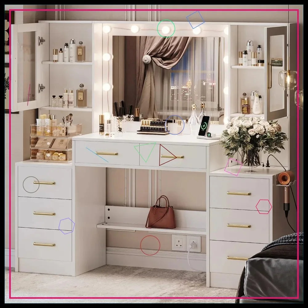 58.3" Vanity Desk with Mirror, Charging Station, 8 Drawers & 2 Cabinets - Large Makeup Dressing Table for Bedroom