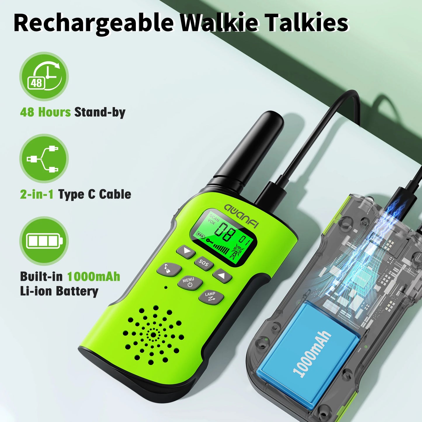 AWANFI Walkie Talkies 4 Packs Rechargeable  for kids, Long Range Flashlight 8 Channel, USB Type C for Camping, Hiking, Gifts