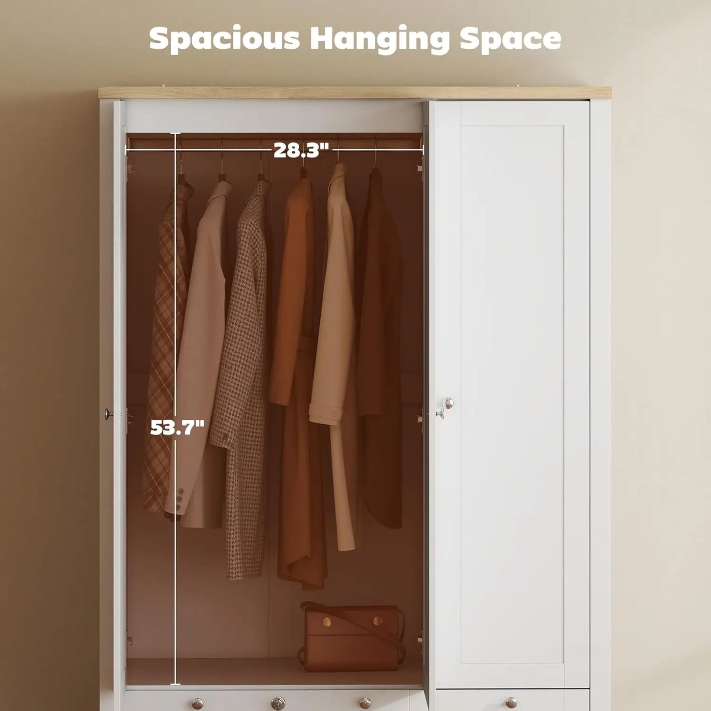 3 Door Armoire Wardrobe Closet with 2 Drawers, 69" Clothing Storage Cabinet with Lockable Large Drawer, Hanging Rod, Customized