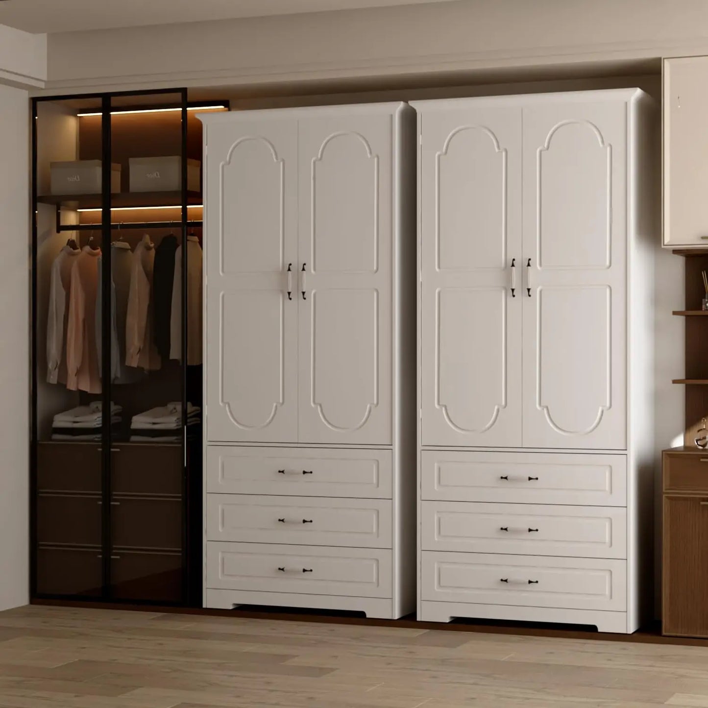 Armoire Wardrobe Closet with 3 Drawers and LED Light 72" Wooden Bedroom Armoire with 2 Doors and Retro Ceramic Door, Custom