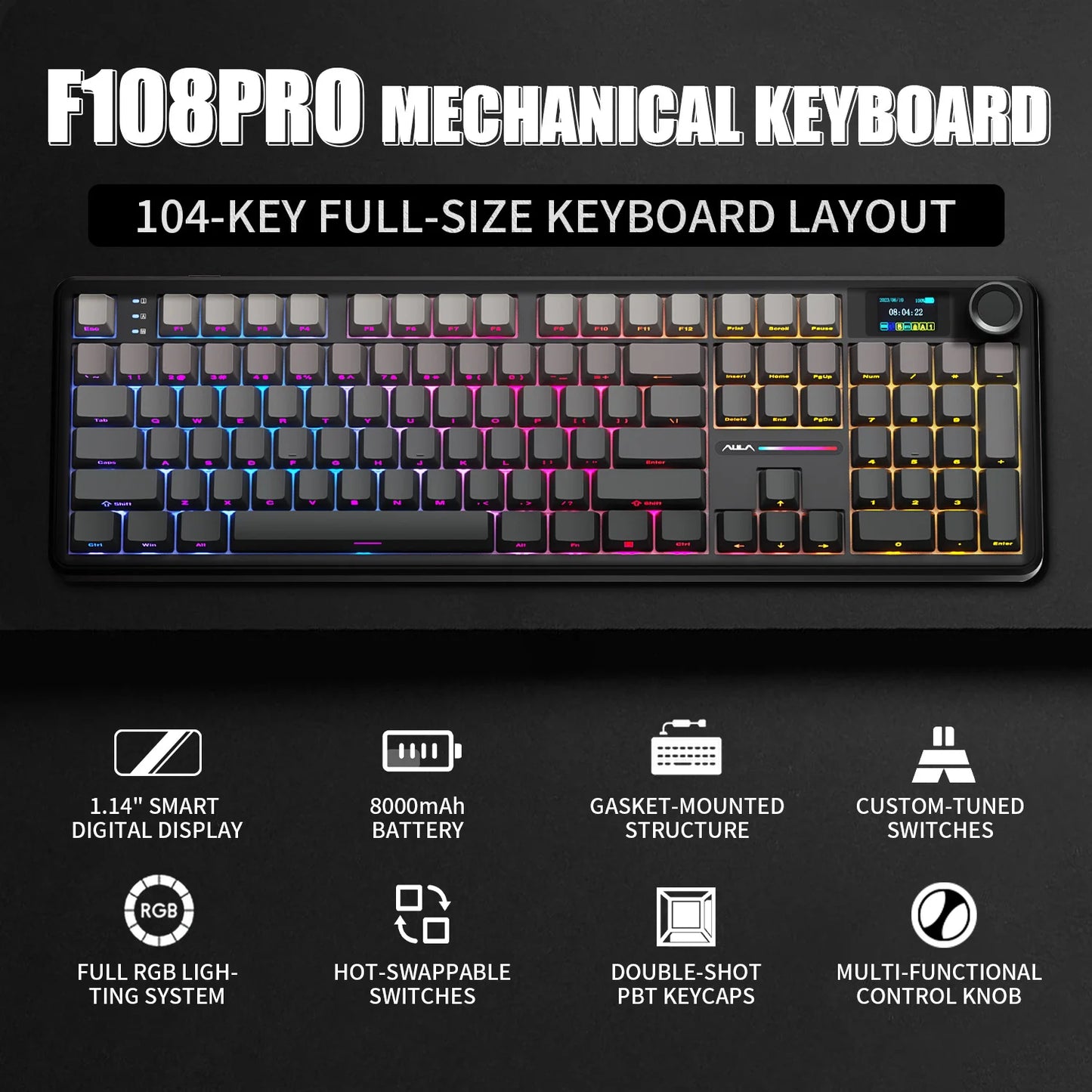 AULA F108PRO Gaming Mechanical Keyboard Full Size Custom Backlight Hot Swappable Wireless Bluetooth Hifi Switch