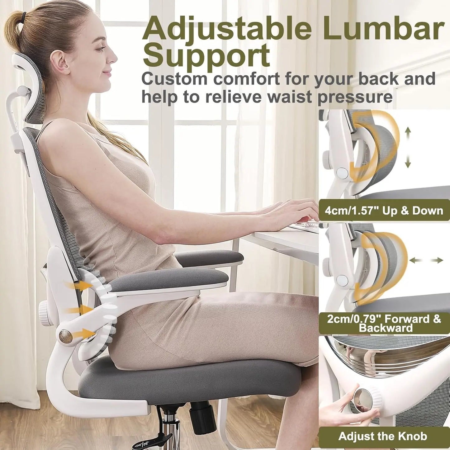 High Back Mesh Desk Chair with Adjustable Lumbar Support, Flip-up Armrest, Removable Headrest, Swivel Computer Gaming Chair