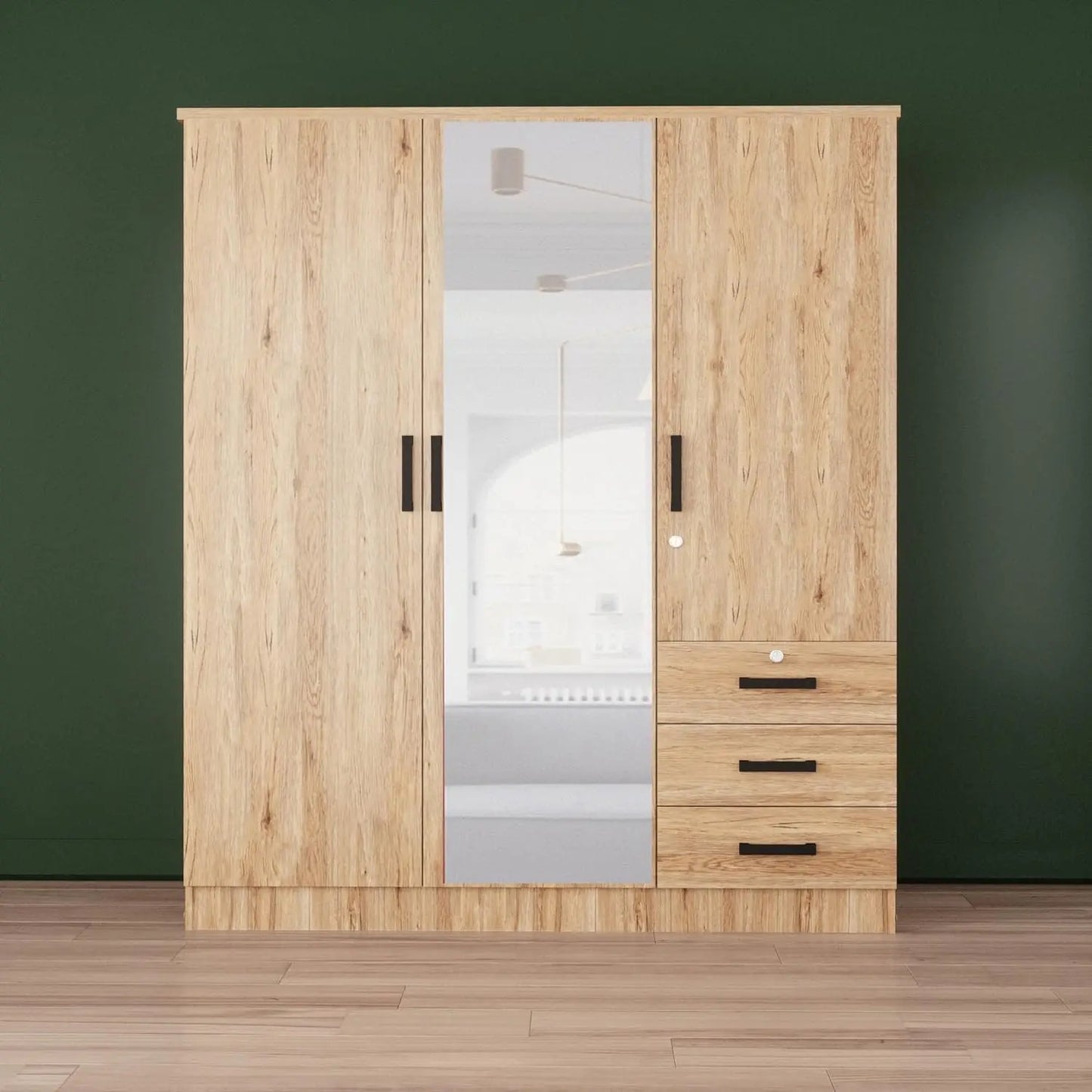 3 Door Wardrobe Closet With Mirror & Drawers Natural Oak Finish, Customized