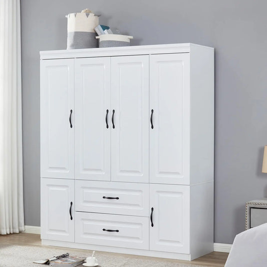 White Wooden Armoire 4 Door 2 Drawer 2 Rod Shelf Bedroom Storage Cabinet, Customized