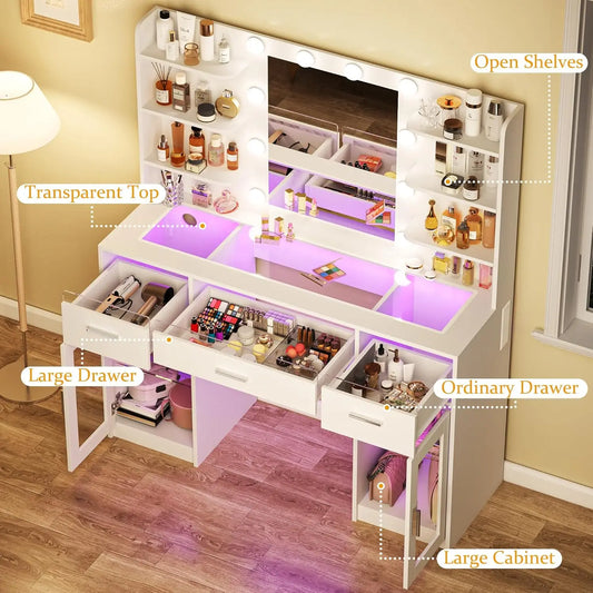 Makeup Vanity with 3-Color Lighting & Mirror, Transparent Top, 3 RGB Drawers and 6 Open Shelves, Customized