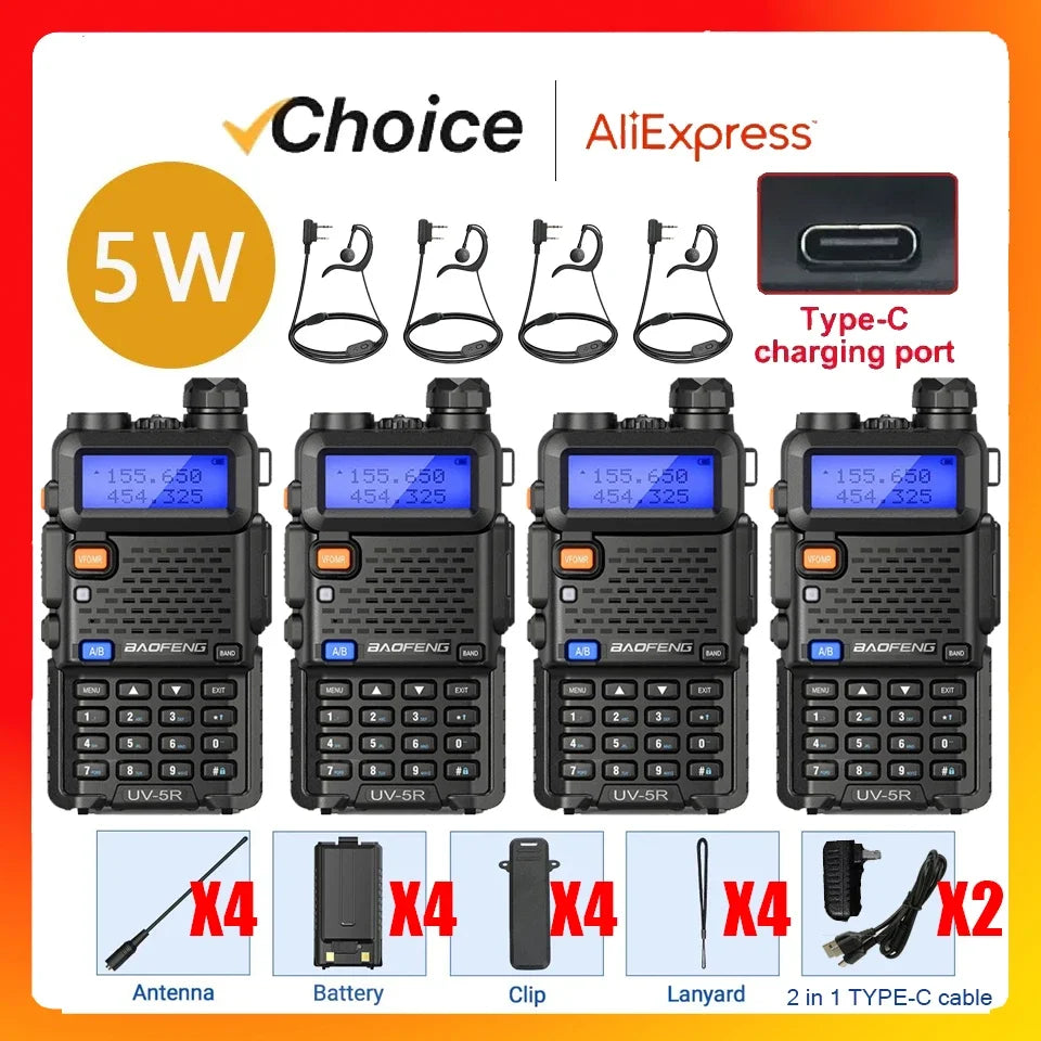 4Pcs UV-5R 5W Tri-Power Walkie Talkie High Power Dual Band Long Range Portable Handheld UV 5R Radio