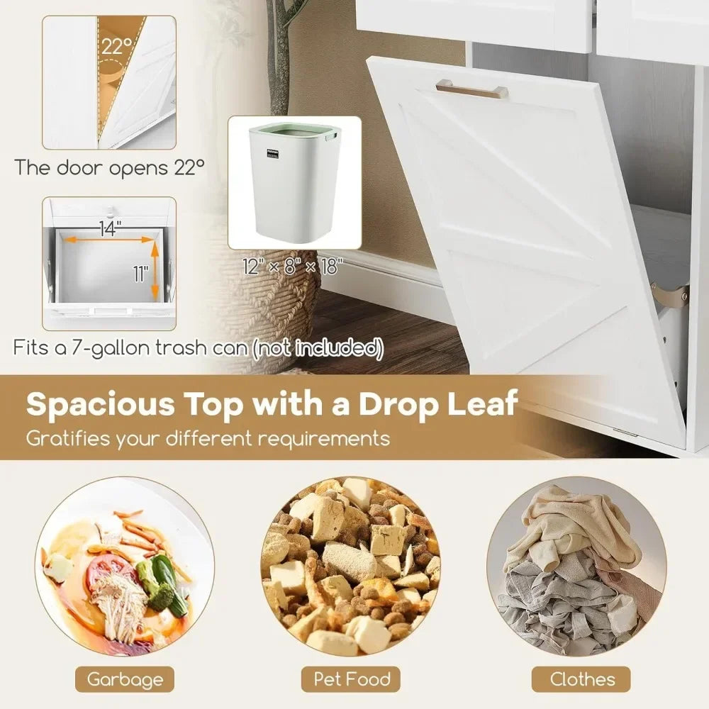 Rolling Kitchen Island with Trash Can Storage Cabinet, Drop Leaf Breakfast Bar Table, Towel Holder, 2 Drawers & Door Racks