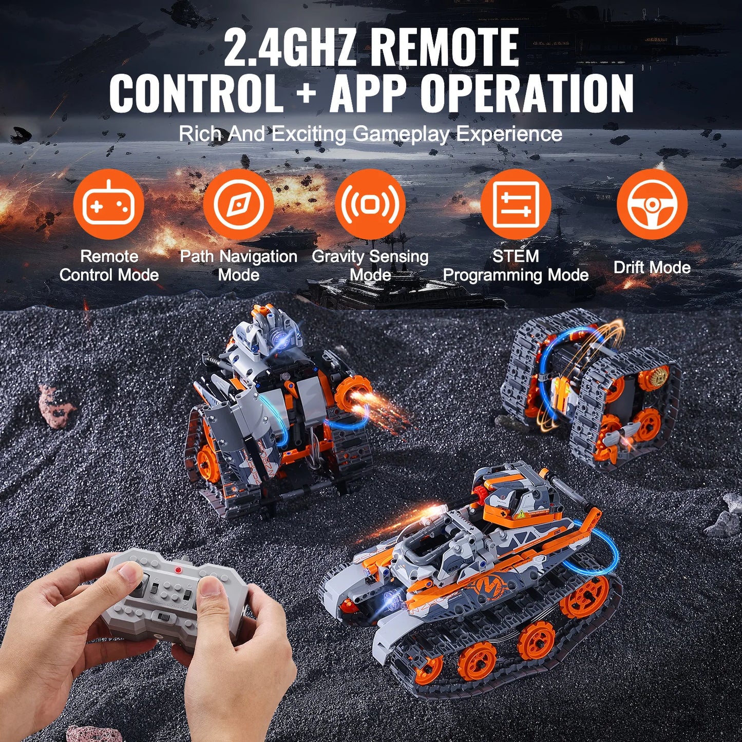 VEVOR  5-in-1 RC Technical Car APP Controlled 554pcs Blocks STEM Toys Car/Robot/Tank/Snowplow Building Set for Boys Kids Gifts