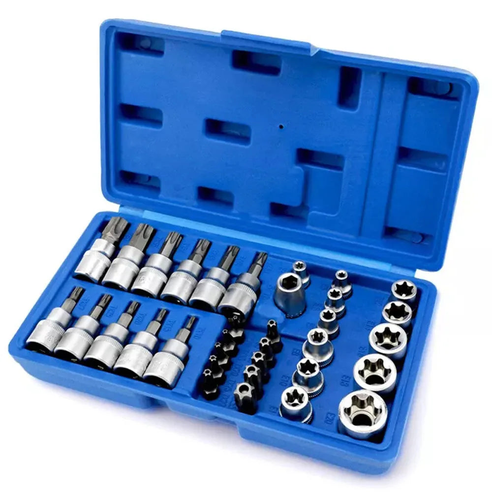 34Pcs Torx Star Sockets & Bit Set Male / Female E- Security Bits Drive Handheld Tool Torque Star Socket with Blue Case