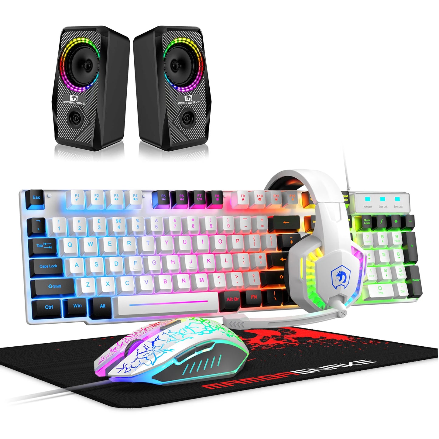 MAMBASNAKE T11 5-IN-1 Wired Rainbow LED Backlit Keyboard and Mouse, Over Ear Headphone with Mic, Gaming Mice and Pad, Speaker