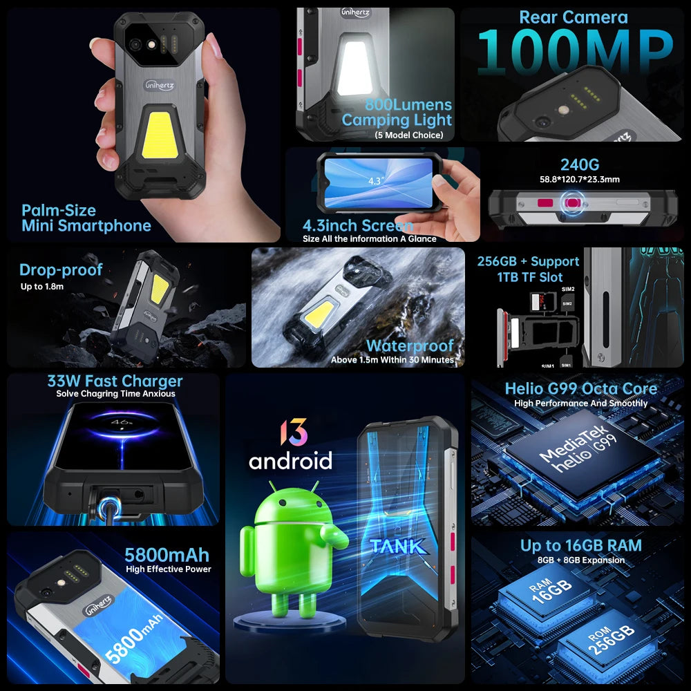 Spain Warehouse 8849 Tank Mini Unihertz Rugged smartphones 4.3" Display Android 13 Helio G99 24GB 256GB 100MP Cameras 5800mAh