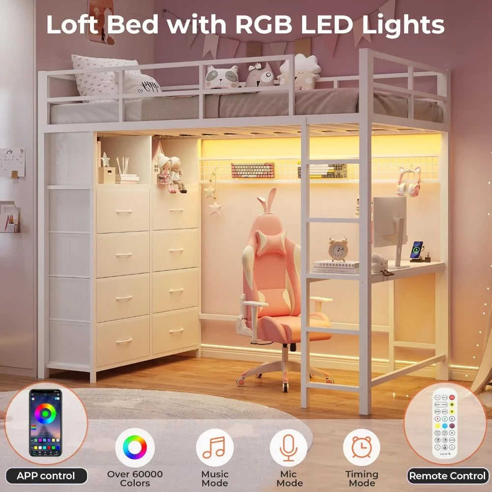 Twin Loft Bed with Desk & 8 Drawers Tall Dresser, Metal Loft Bed with LED Lights & Charging Station, 2-Tier Storage Shelves, Sta