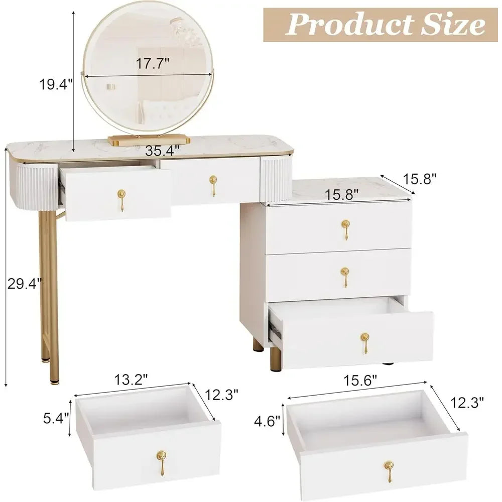 Makeup Vanity Desk with LED Mirror, 3-Color Lights, 5 Drawers, Adjustable for Bedroom and Bathroom, White