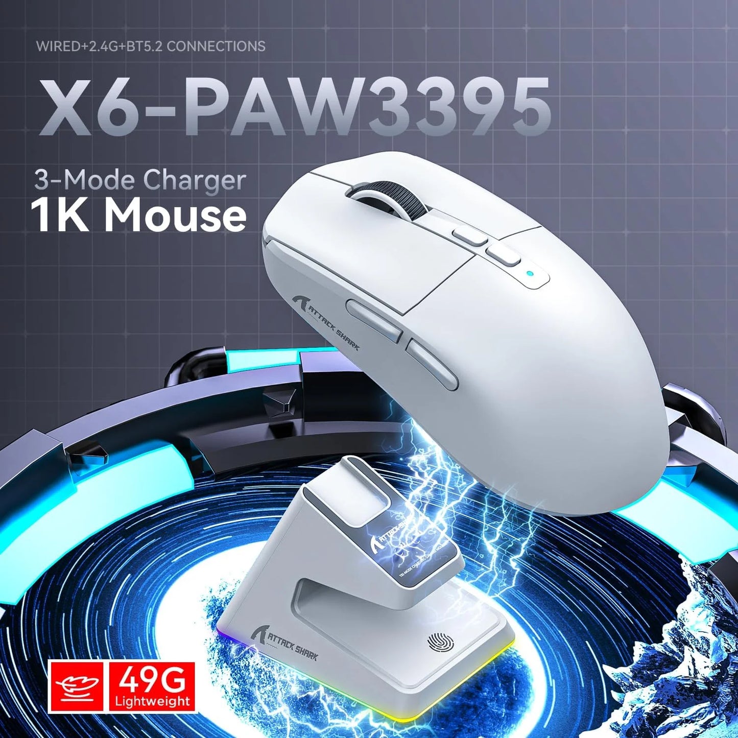 ATTACK SHARK X6 49g Superlight Mouse with Magnetic Charging Dock, PixArt PAW3395 Gaming Sensor, BT/2.4G Wireless/Wired with Tape