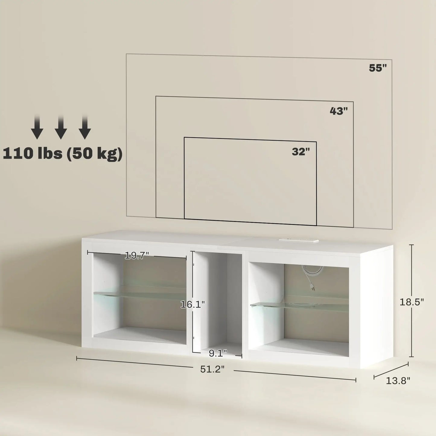 High Gloss White 55\" TV Stand with LED Lights and Power Outlets Adjustable Shelves Television Cabinet