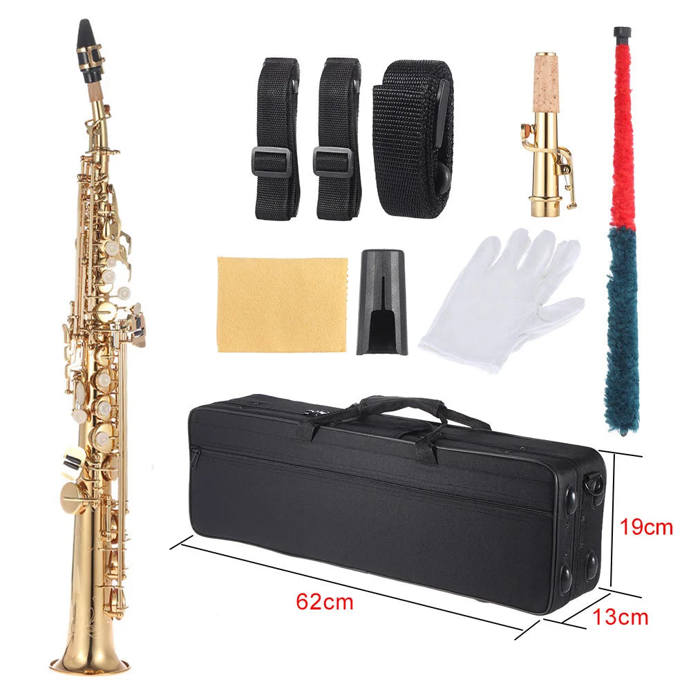 Brass Straight Soprano Sax Saxophone Bb B Flat Woodwind Instrument Natural Shell Key Carve Pattern with Carrying Case Gloves