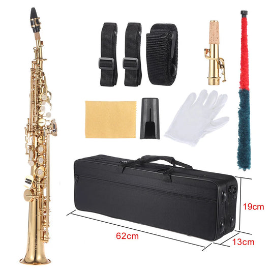 Brass Straight Soprano Sax Saxophone Bb B Flat Woodwind Instrument Natural Shell Key Carve Pattern with Carrying Case Gloves
