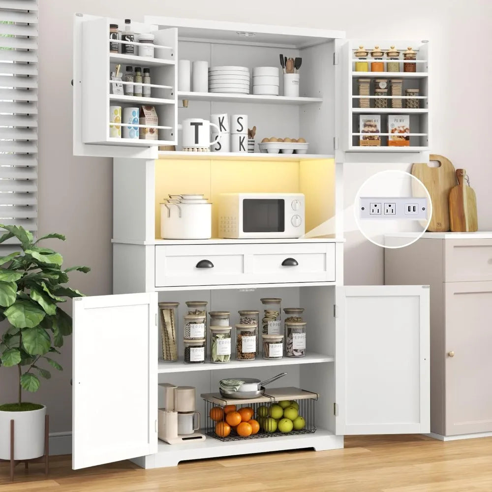 72" Farmhouse Kitchen Pantry Cabinet With LED, Operation Table & Power Outlet, Tall Storage With Drawer, Adjustable Shelves for