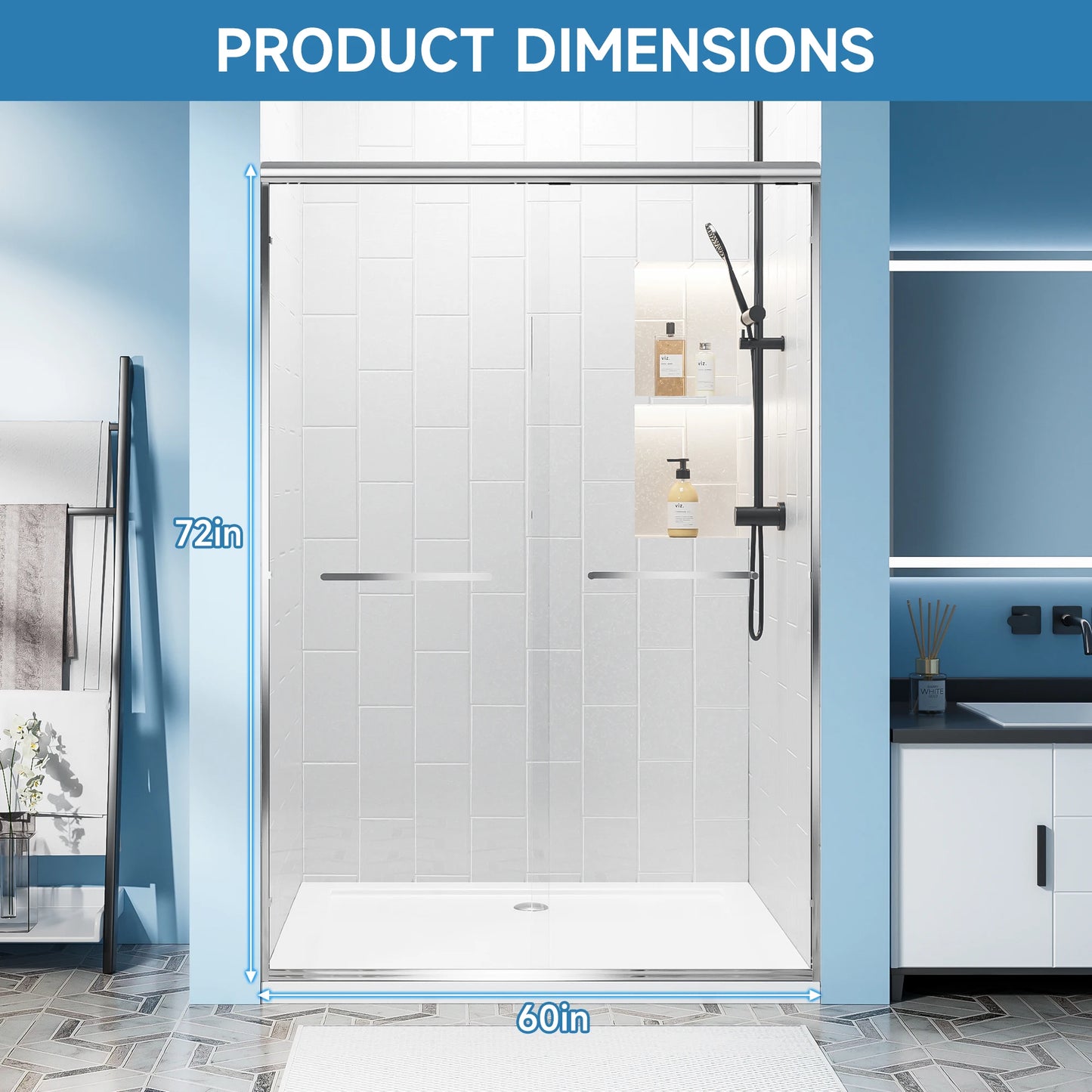 56"- 60" W x 72'' H Double Sliding Door, Semi-Frameless Shower Door, 1/4" (6mm) Tempered Glass for Walk-in Shower