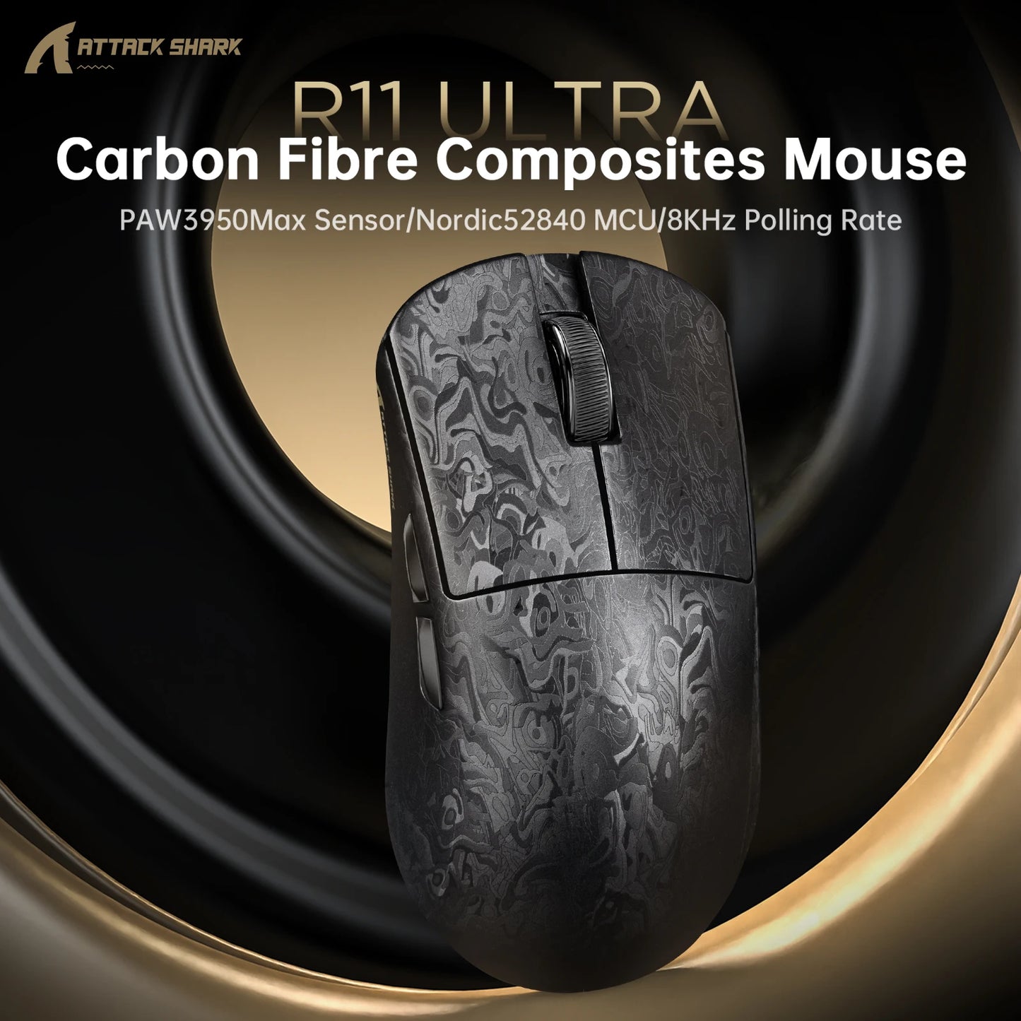ATTACK SHARK R11 ULTRA Carbon Fiber Wireless Gaming Mouse, 8000Hz 49g 42000DPI, PAW3950MAX Nano-Metal Ice Coating BT/2.4G/USB-C