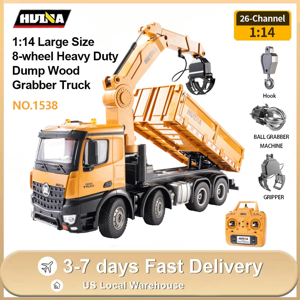 HUINA 1538 26-Channel 1:14 Alloy Remote Control Semi-Alloy Remote Control Vehicle Grab Wood Dump Truck Construction Toy