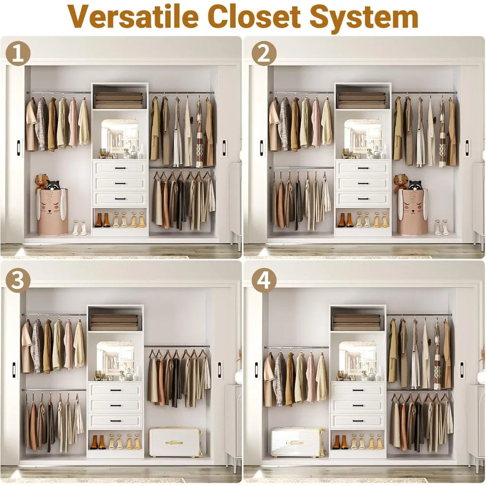 48" W - 96” W Closet System with Mirror, 8FT Walk in Closet Organizer Kits with Drawers and 3 Extendable Hanging Rod,