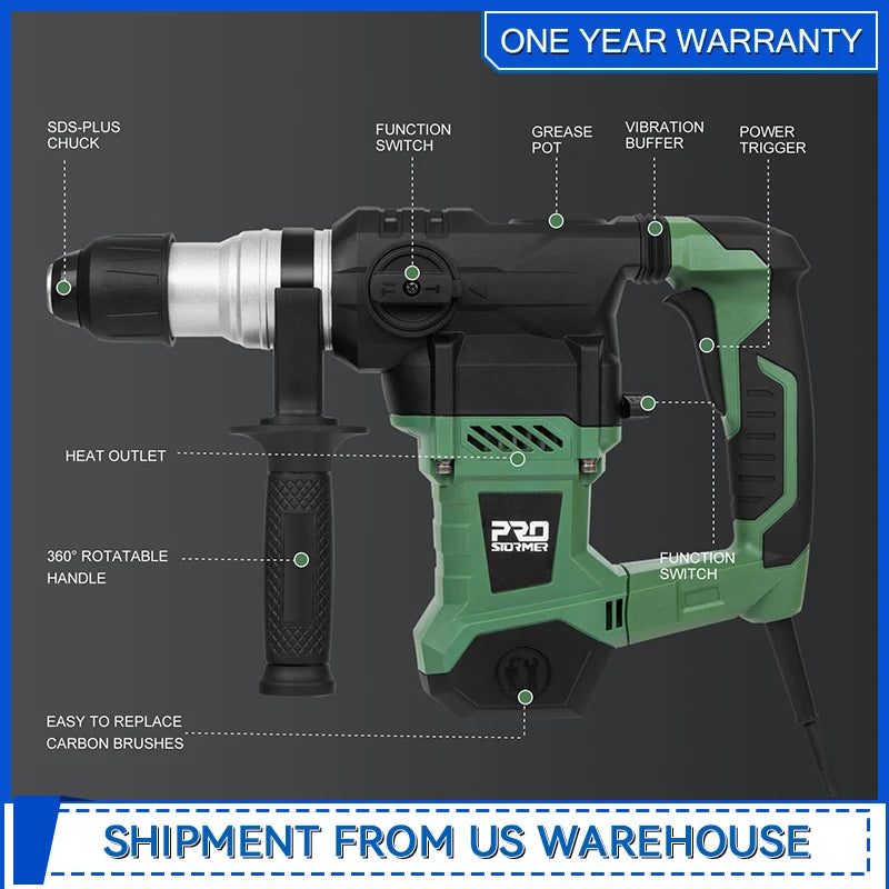 1-1/4" SDS-Plus Rotary Hammer 13 Amp Powerful Motor 4 Functions Rotary Hammer Drill with Case by Prostormer