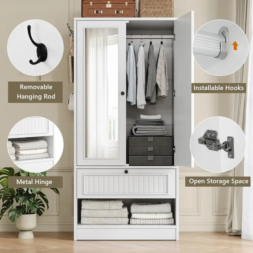 70-Inch Wooden Armoire with Mirror, 3-Side Hooks, Large Freestanding Bedroom Wardrobe in White