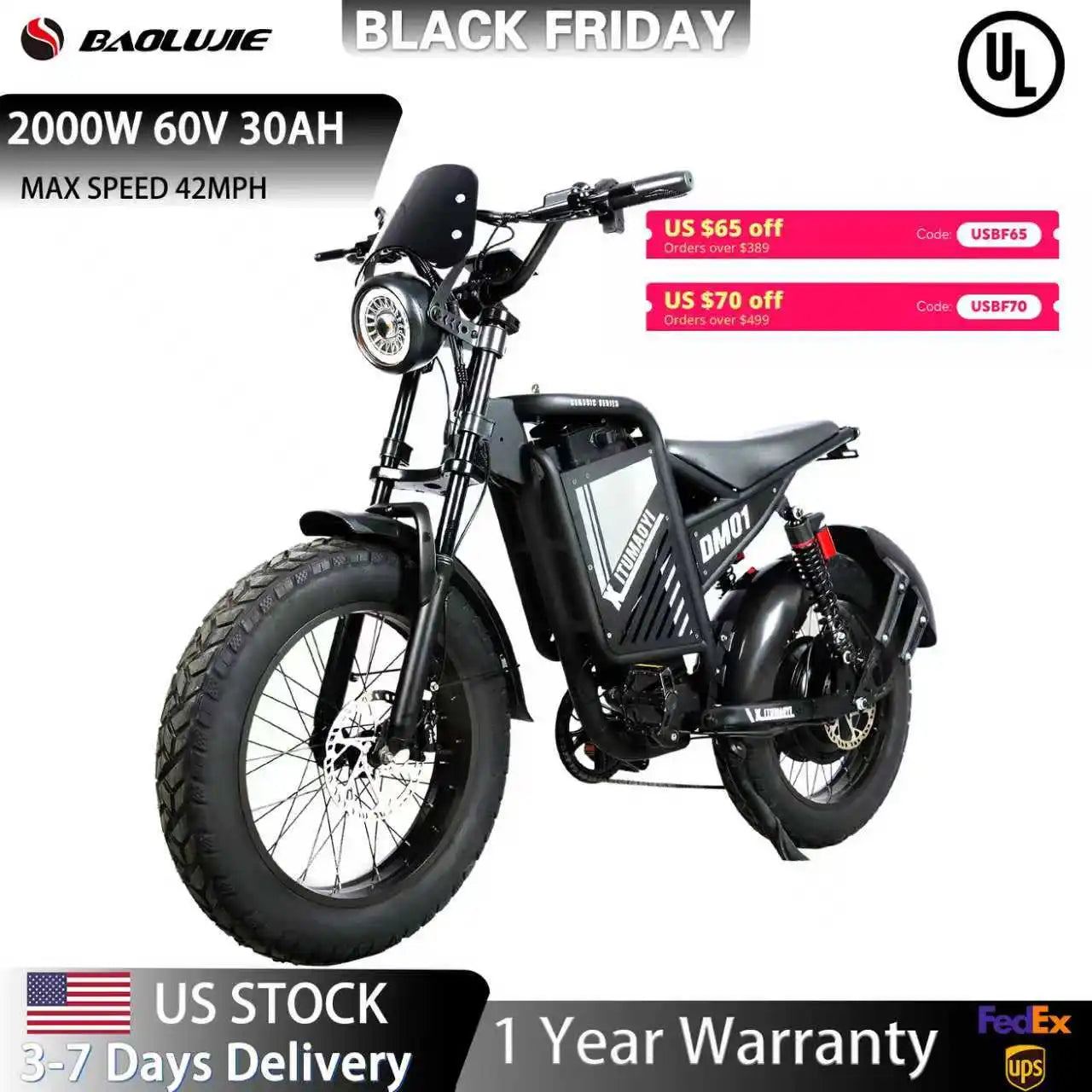 【1 Year Warranty】BAOLUJIE DM01 Moto Electric Bicycle 60V 30AH Battery 42 MPH Electric Bike E-Bike Adult for Electric Motorcycle